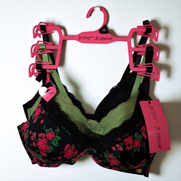 Betsy Johnson 3 Pack Bra Set 34 B — Floral, Olive, Black NWT - Picture 3 of 8